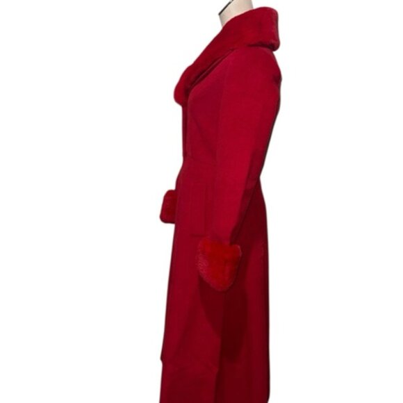 NEW VENUS RED MAXI LONG COAT FAUX FUR COLLAR CUFFS XMAS HOLIDAY GLAM - Picture 6 of 10